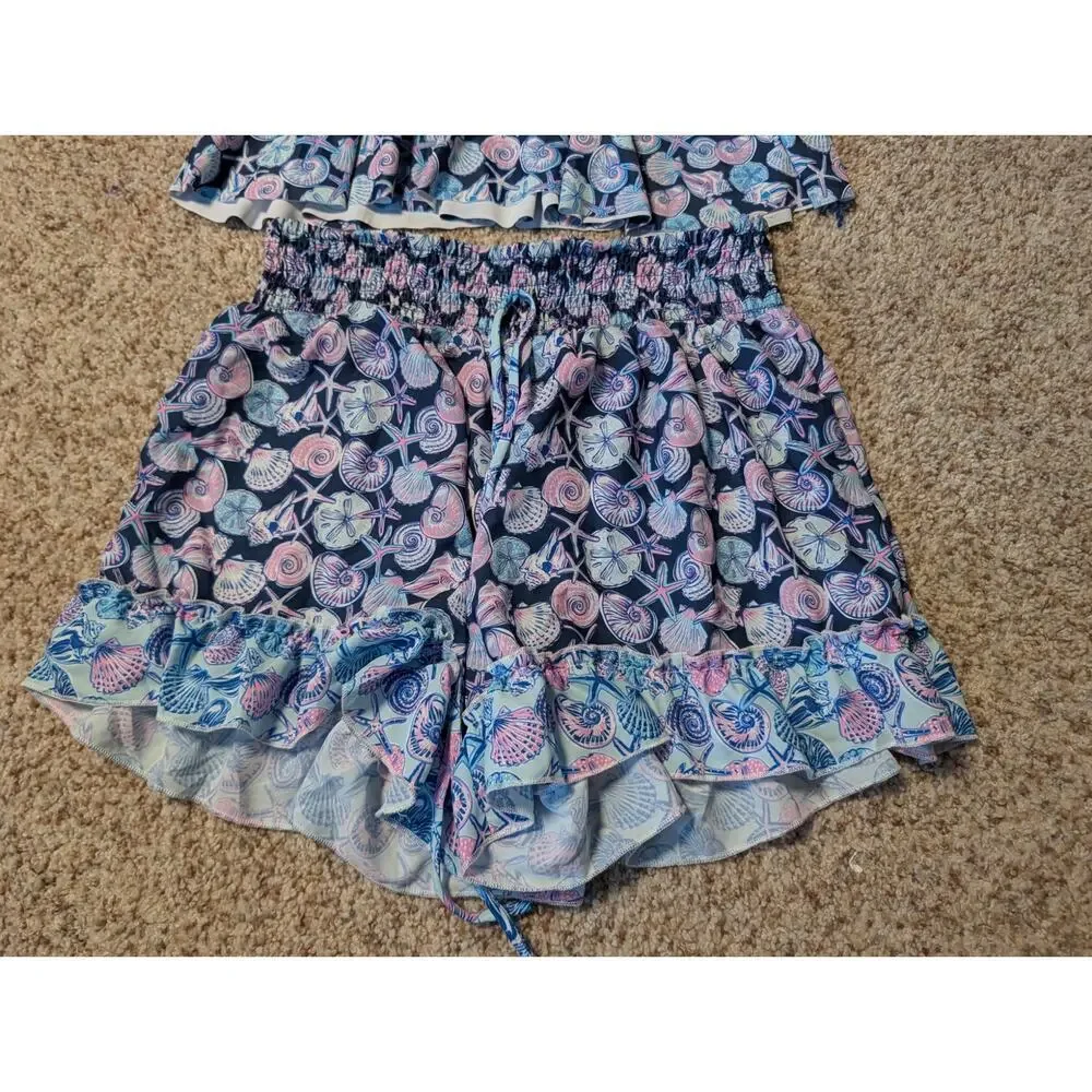Simply Southern Womens Size M Blue Shell Bee Tankini Top, skort Swimsuit Set